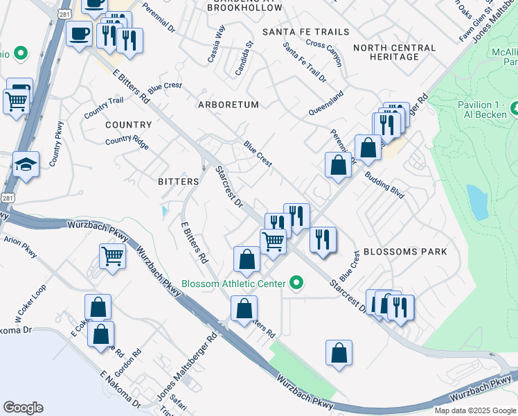 map of restaurants, bars, coffee shops, grocery stores, and more near in San Antonio