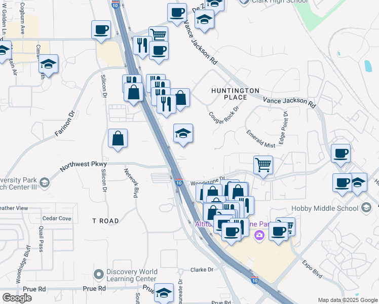 map of restaurants, bars, coffee shops, grocery stores, and more near Pvt Road in San Antonio