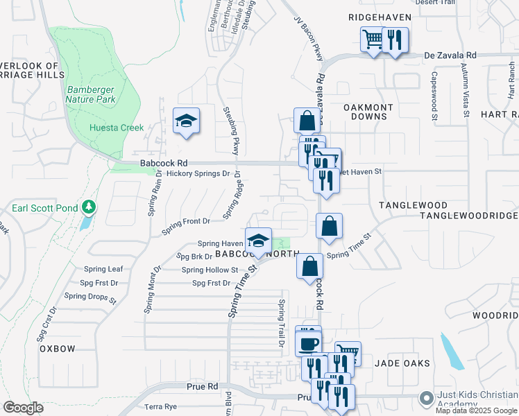 map of restaurants, bars, coffee shops, grocery stores, and more near 11800 Spring Shadow Street in San Antonio