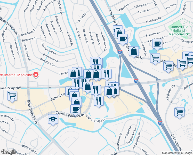 map of restaurants, bars, coffee shops, grocery stores, and more near 50 Plaza Drive in Palm Coast