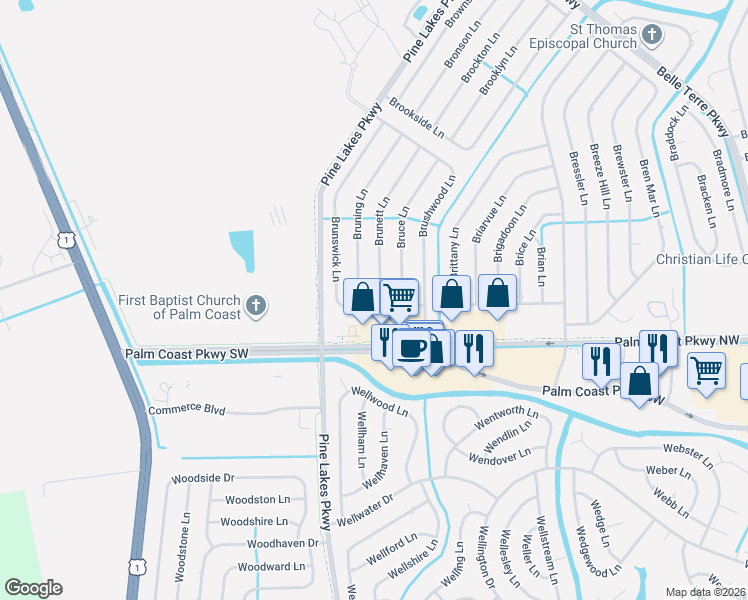map of restaurants, bars, coffee shops, grocery stores, and more near 19 Brunswick Lane in Palm Coast