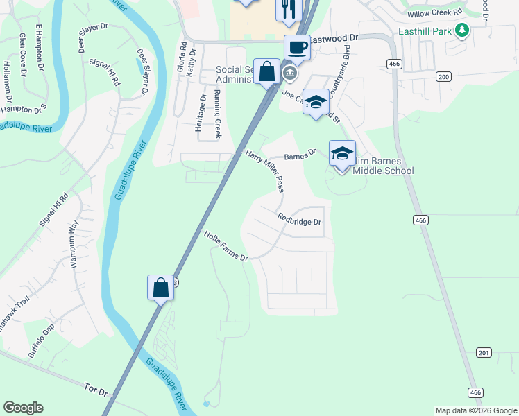 map of restaurants, bars, coffee shops, grocery stores, and more near 1409 Redbridge Drive in Seguin