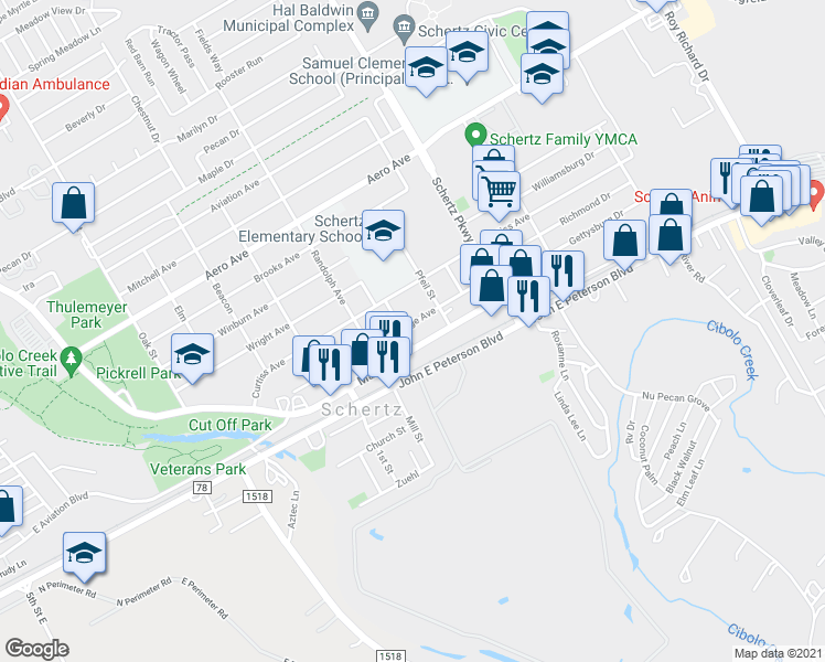 map of restaurants, bars, coffee shops, grocery stores, and more near 704 Exchange Avenue in Schertz