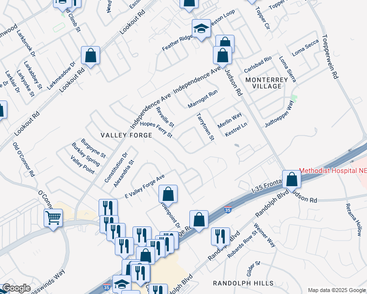 map of restaurants, bars, coffee shops, grocery stores, and more near 6219 Hopes Ferry Street in San Antonio