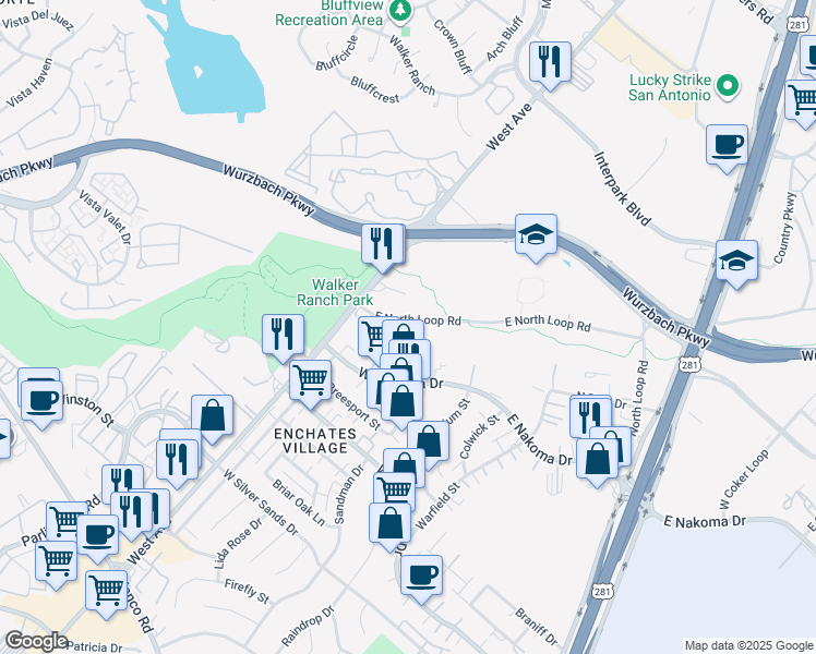 map of restaurants, bars, coffee shops, grocery stores, and more near 306 East North Loop Road in San Antonio