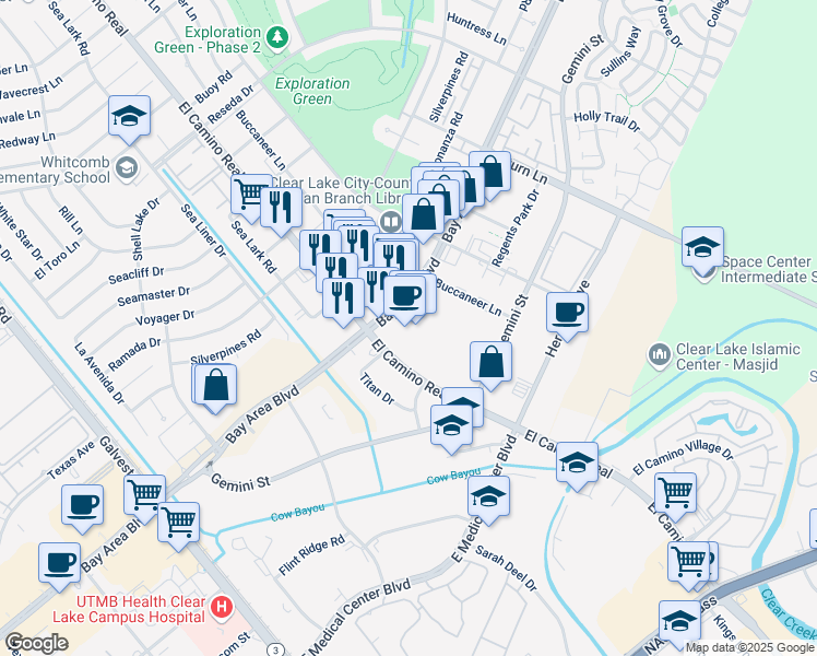 map of restaurants, bars, coffee shops, grocery stores, and more near 16801 El Camino Real in Houston