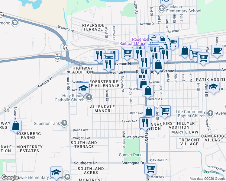 map of restaurants, bars, coffee shops, grocery stores, and more near 1309 West Street in Rosenberg