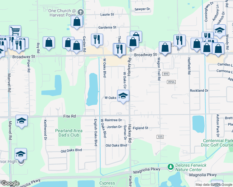 map of restaurants, bars, coffee shops, grocery stores, and more near 2820 Red Oak Lane in Pearland