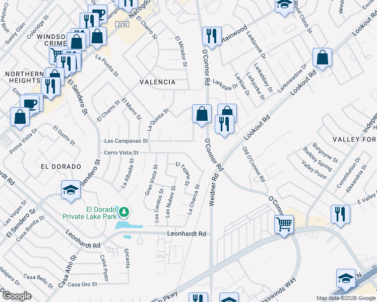 map of restaurants, bars, coffee shops, grocery stores, and more near 5415 Cerro Vista Street in San Antonio