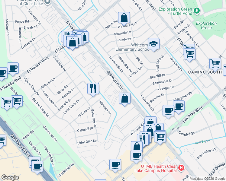 map of restaurants, bars, coffee shops, grocery stores, and more near 16200 Texas 3 in Webster