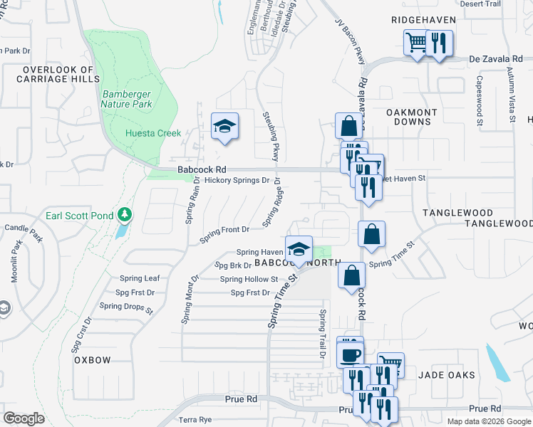 map of restaurants, bars, coffee shops, grocery stores, and more near 11714 Spring Ridge Drive in San Antonio