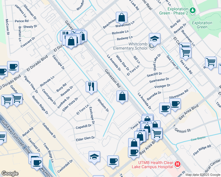 map of restaurants, bars, coffee shops, grocery stores, and more near 16200 Texas 3 in Webster