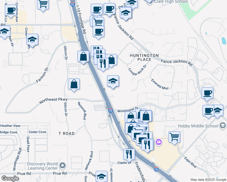 map of restaurants, bars, coffee shops, grocery stores, and more near 11937 Interstate 10 in San Antonio