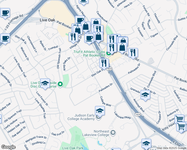 map of restaurants, bars, coffee shops, grocery stores, and more near 8130 Shin Oak Drive in Live Oak