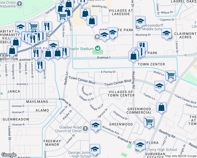 map of restaurants, bars, coffee shops, grocery stores, and more near 1215 Hannover Boulevard in Rosenberg