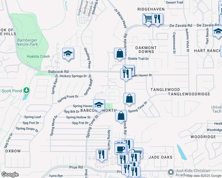 map of restaurants, bars, coffee shops, grocery stores, and more near 11815 Spring Arbor Street in San Antonio