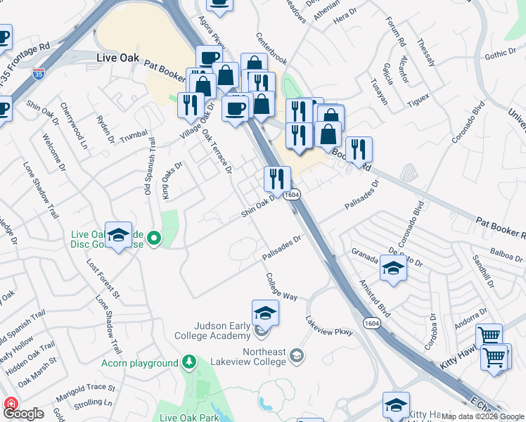 map of restaurants, bars, coffee shops, grocery stores, and more near 8130 Shin Oak Drive in Live Oak