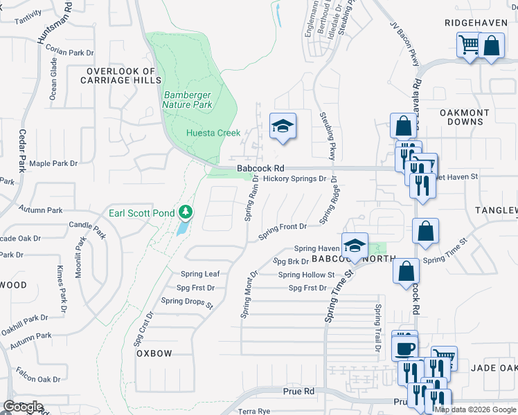 map of restaurants, bars, coffee shops, grocery stores, and more near 11726 Spring Rain in San Antonio
