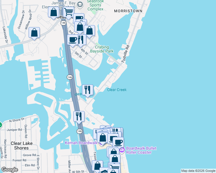 map of restaurants, bars, coffee shops, grocery stores, and more near 802 Todville Road in Seabrook