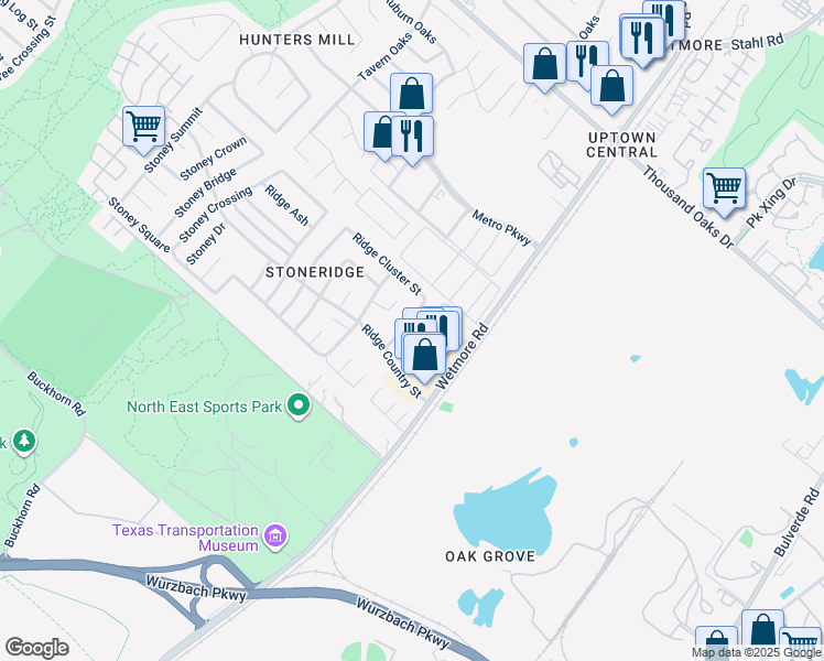 map of restaurants, bars, coffee shops, grocery stores, and more near 12215 Maverick Bluff Street in San Antonio