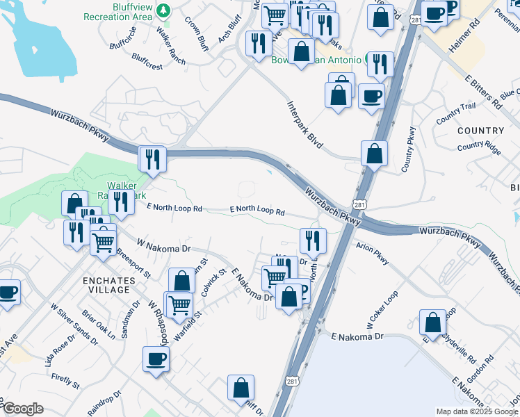 map of restaurants, bars, coffee shops, grocery stores, and more near 311 East North Loop Road in San Antonio