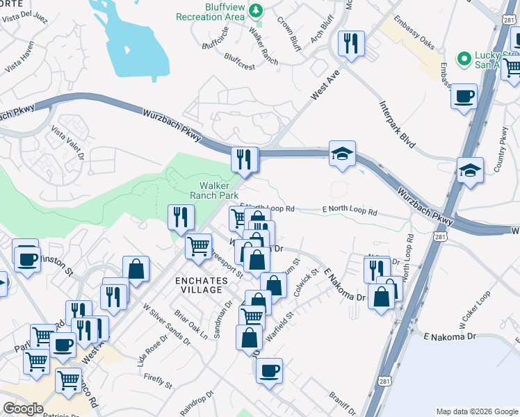 map of restaurants, bars, coffee shops, grocery stores, and more near 306 East North Loop Road in San Antonio