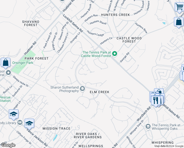 map of restaurants, bars, coffee shops, grocery stores, and more near 12411 Winding Branch in San Antonio