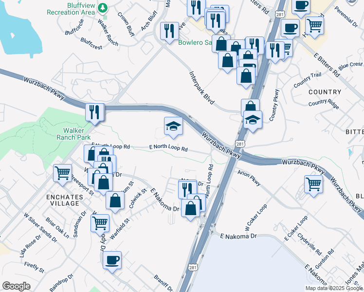map of restaurants, bars, coffee shops, grocery stores, and more near 311 East North Loop Road in San Antonio