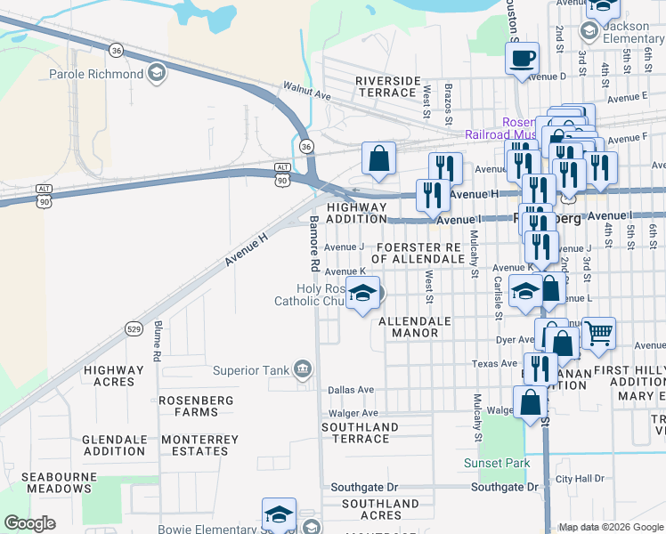 map of restaurants, bars, coffee shops, grocery stores, and more near 1309 Allen Street in Rosenberg