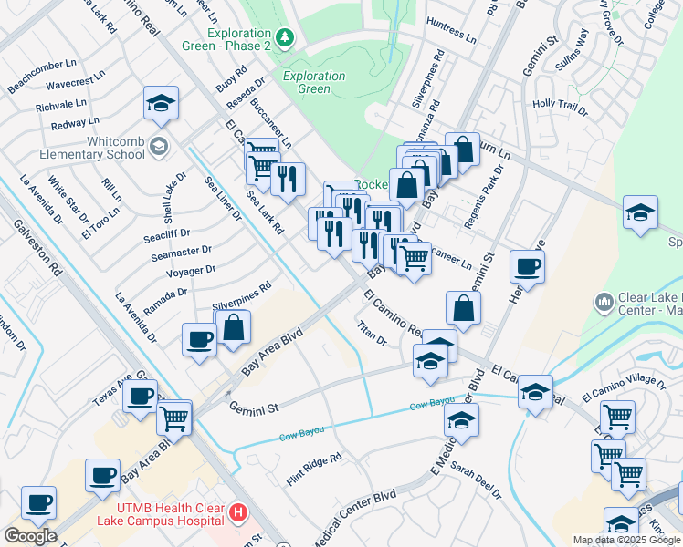 map of restaurants, bars, coffee shops, grocery stores, and more near 977-987 Bay Area Blvd in Houston