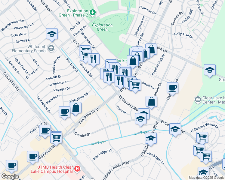 map of restaurants, bars, coffee shops, grocery stores, and more near 977 Bay Area Boulevard in Houston