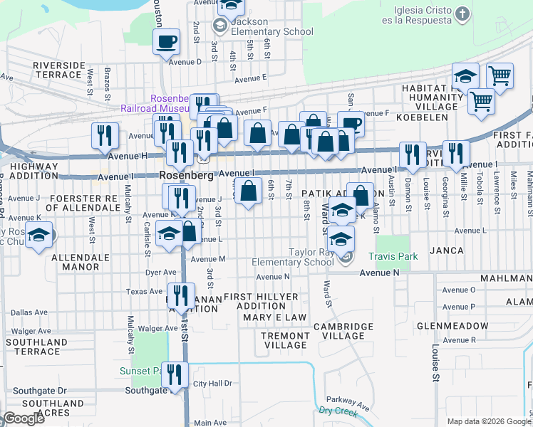 map of restaurants, bars, coffee shops, grocery stores, and more near 1314 6th Street in Rosenberg