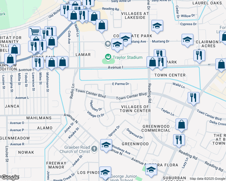 map of restaurants, bars, coffee shops, grocery stores, and more near 4821 East Columbary Drive in Rosenberg