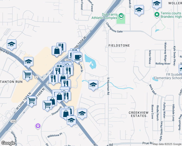 map of restaurants, bars, coffee shops, grocery stores, and more near 8910 North Loop 1604 West in San Antonio