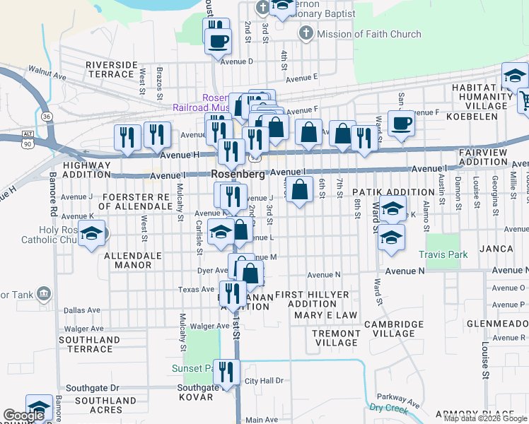 map of restaurants, bars, coffee shops, grocery stores, and more near 1305 3rd Street in Rosenberg