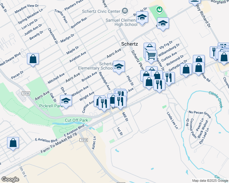 map of restaurants, bars, coffee shops, grocery stores, and more near 304 Randolph Avenue in Schertz