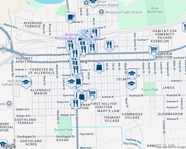 map of restaurants, bars, coffee shops, grocery stores, and more near 1305 3rd Street in Rosenberg
