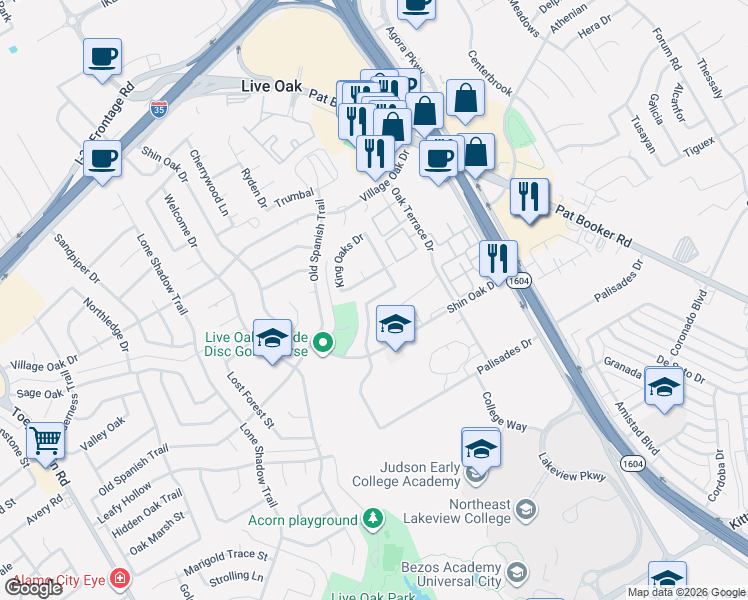 map of restaurants, bars, coffee shops, grocery stores, and more near 12507 Enchanted Oaks Street in Live Oak