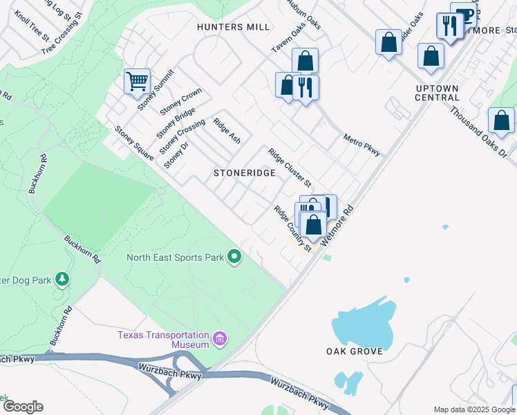 map of restaurants, bars, coffee shops, grocery stores, and more near 12107 Ridge Court Street in San Antonio