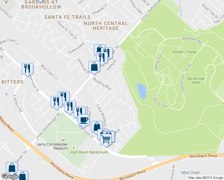 map of restaurants, bars, coffee shops, grocery stores, and more near 12210 Apricot Drive in San Antonio