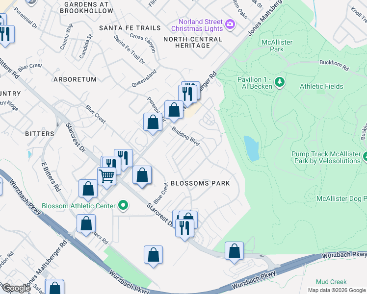 map of restaurants, bars, coffee shops, grocery stores, and more near 12106 Magnolia Blossom in San Antonio