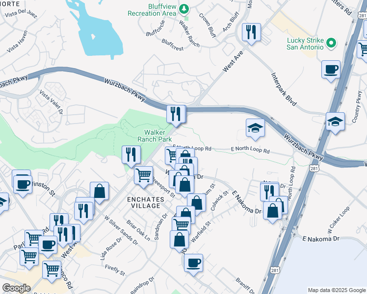 map of restaurants, bars, coffee shops, grocery stores, and more near 306 East North Loop Road in San Antonio