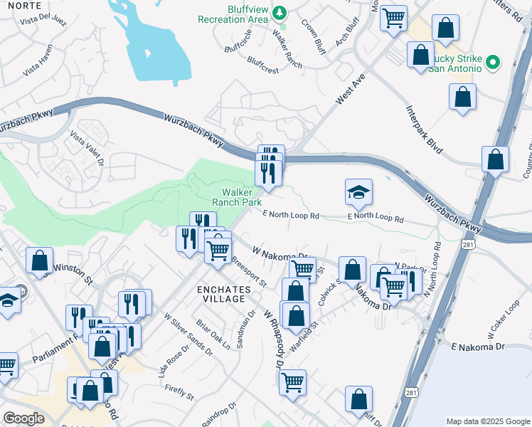 map of restaurants, bars, coffee shops, grocery stores, and more near 330 Northeast Loop 410 in San Antonio