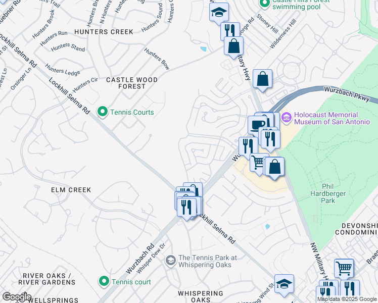 map of restaurants, bars, coffee shops, grocery stores, and more near 86 Turnberry Way in San Antonio