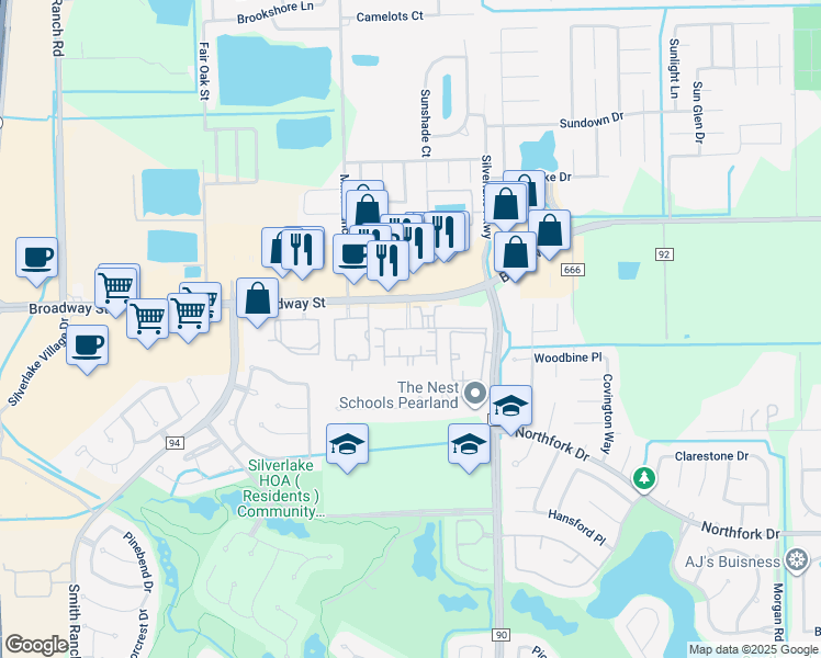 map of restaurants, bars, coffee shops, grocery stores, and more near Yorkshire Boulevard in Pearland