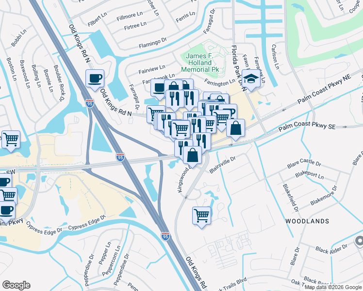 map of restaurants, bars, coffee shops, grocery stores, and more near 3 Kings Way in Palm Coast