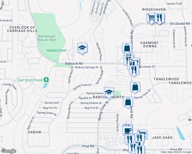 map of restaurants, bars, coffee shops, grocery stores, and more near 11714 Spring Ridge Drive in San Antonio