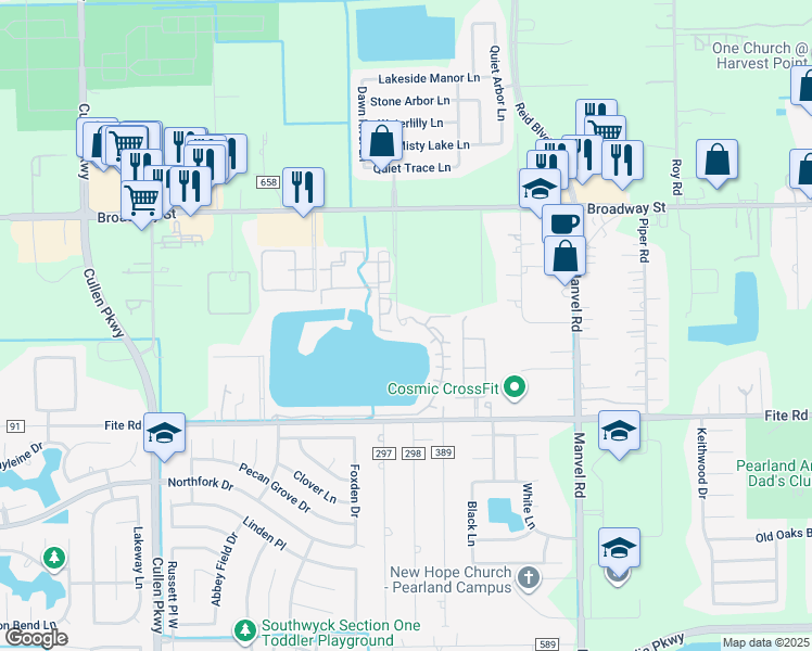 map of restaurants, bars, coffee shops, grocery stores, and more near 2920 Oak Road in Pearland