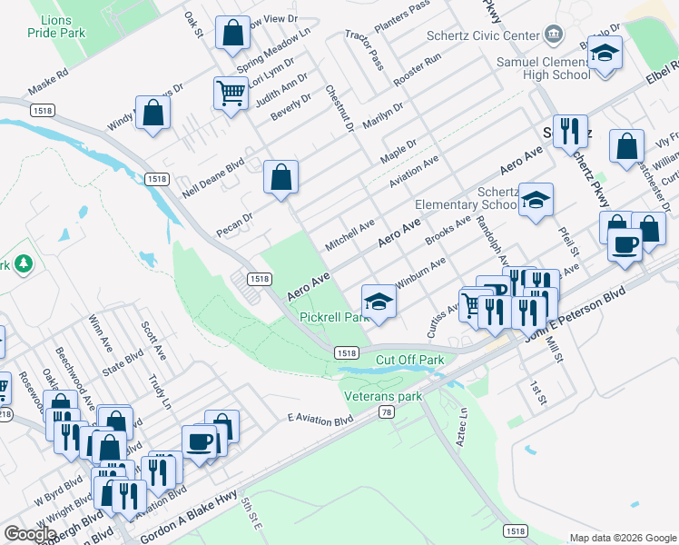 map of restaurants, bars, coffee shops, grocery stores, and more near 200 Aero Avenue in Schertz