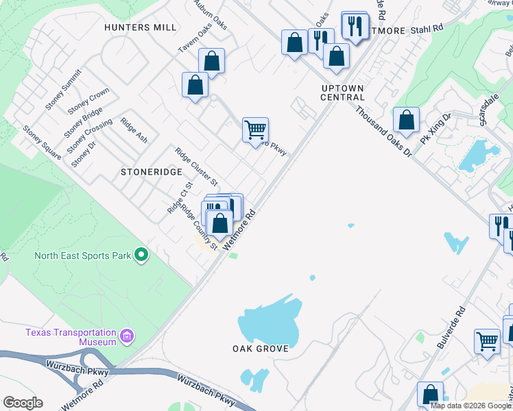 map of restaurants, bars, coffee shops, grocery stores, and more near 12625 Wetmore Road in San Antonio